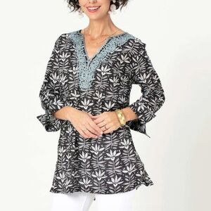 Rock flower paper Iris black blue embroidered cotton Kurta Tunic Sz S